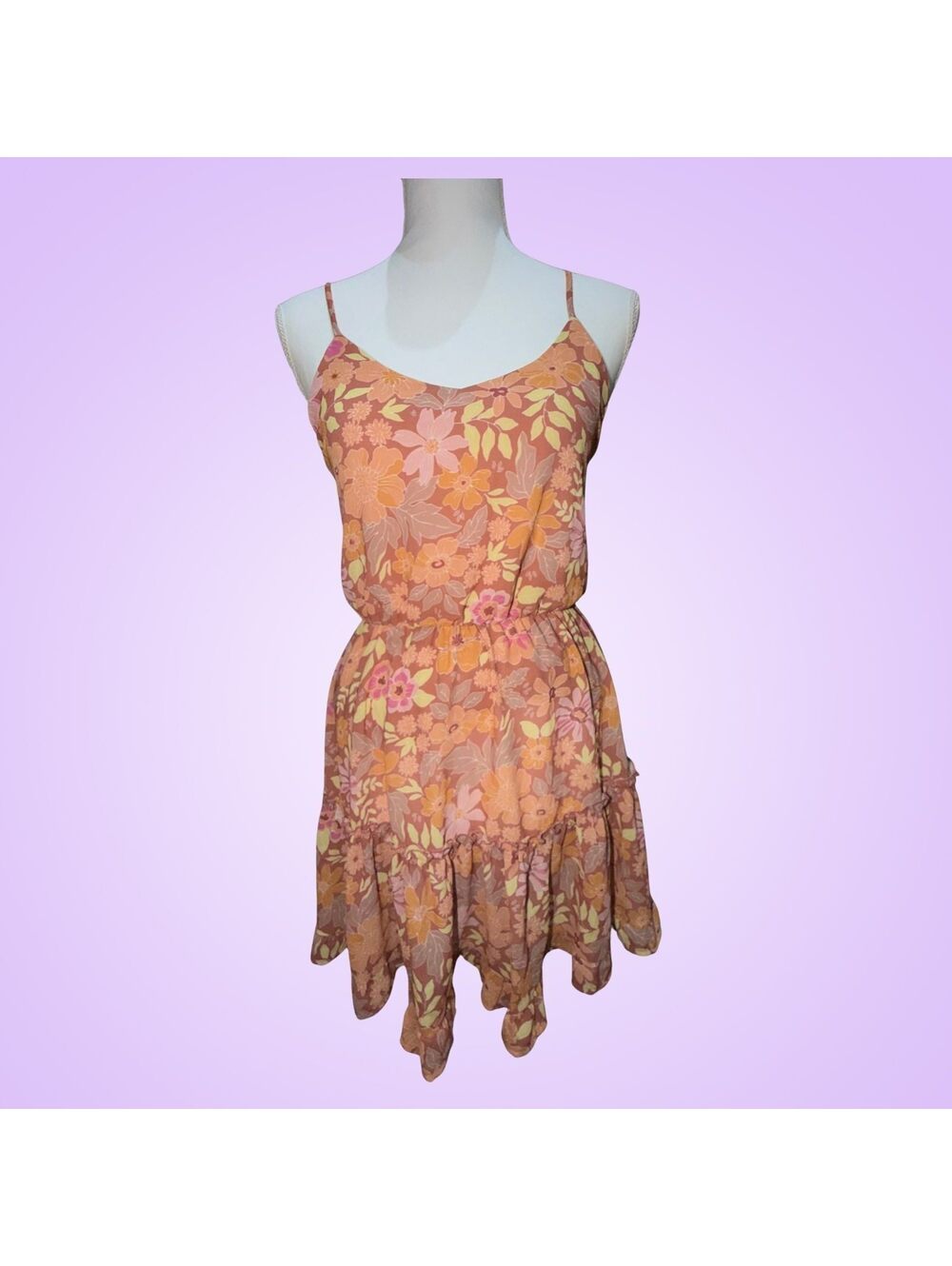 Altar’d State Small Orange Floral Tiered Mini Dress | Adjustable Straps Boho Y2K
